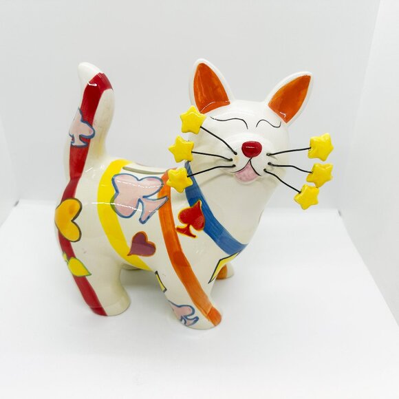 Vintage Ceramic Hobbist Cat Bank Stars Rainbow Whimsyclay Celestial 90s - Picture 1 of 7